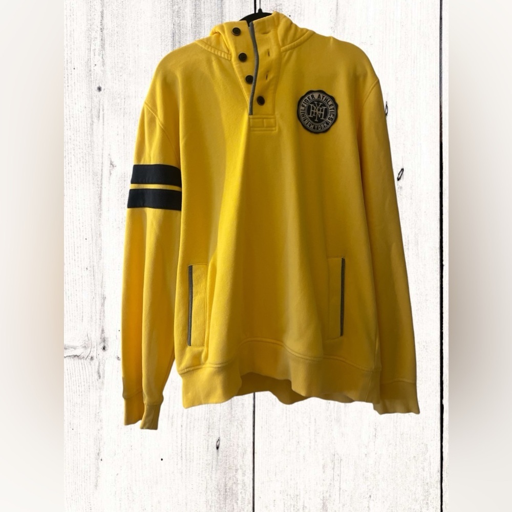 Tommy Hilfiger Pullover Sweater Yellow 1/4 Zip Snap Button Mock L VTG Y2K Retro